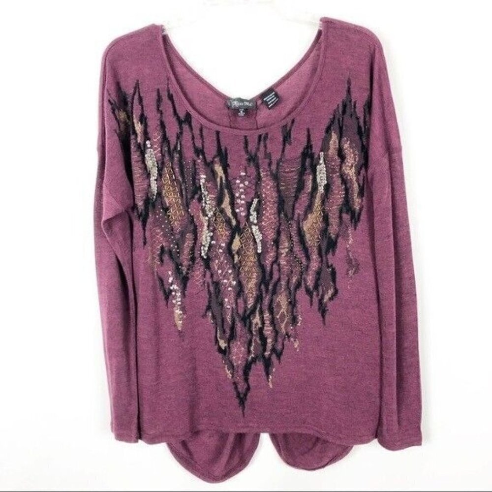 Miss Me‎ Sequined Snake Print Long Sleeve Top Purple Blouse Size M